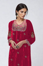 Ruby Red Resham Zari & Zardozi Hand Embroidered Velvet Kurta Set