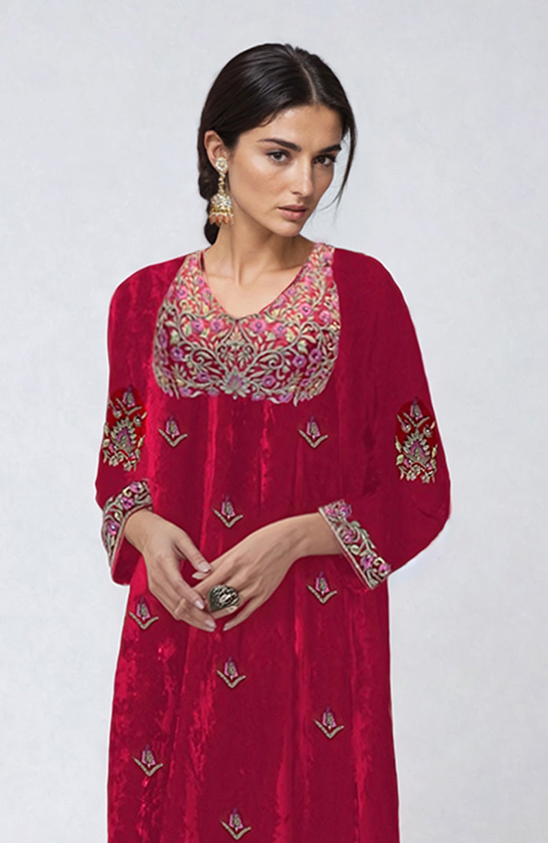 Ruby Red Resham Zari & Zardozi Hand Embroidered Velvet Kurta Set