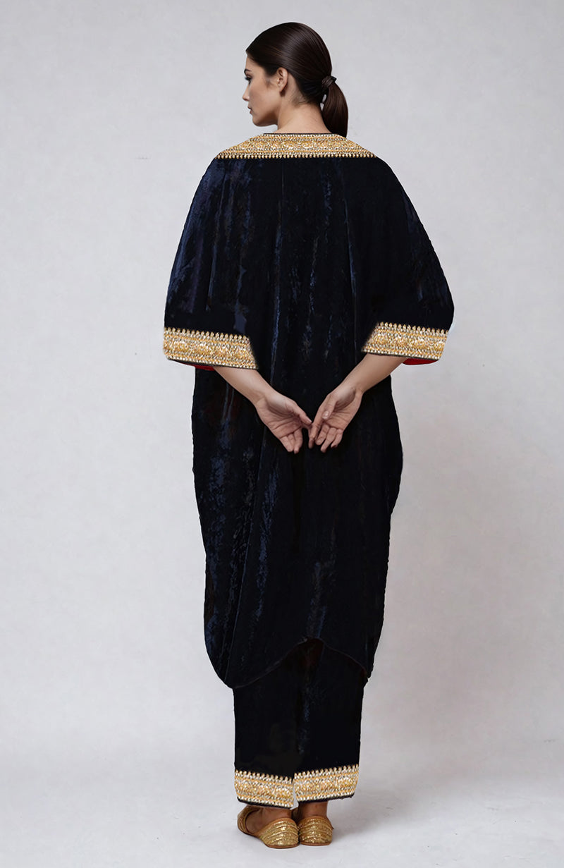 Midnight Blue Beads & Zardozi Hand Embroidered Velvet Kalidaar Kurta Set