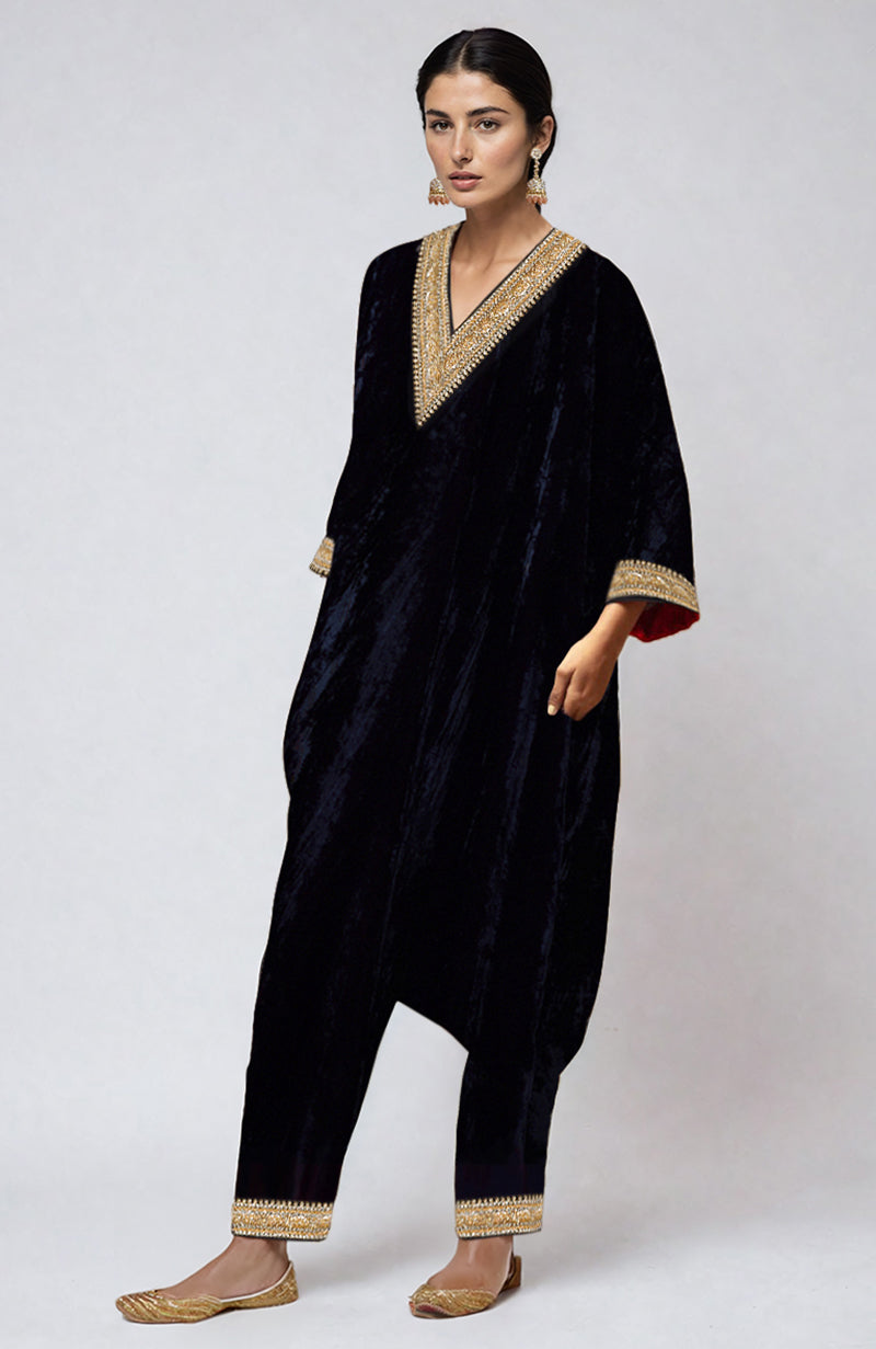 Midnight Blue Beads & Zardozi Hand Embroidered Velvet Kalidaar Kurta Set