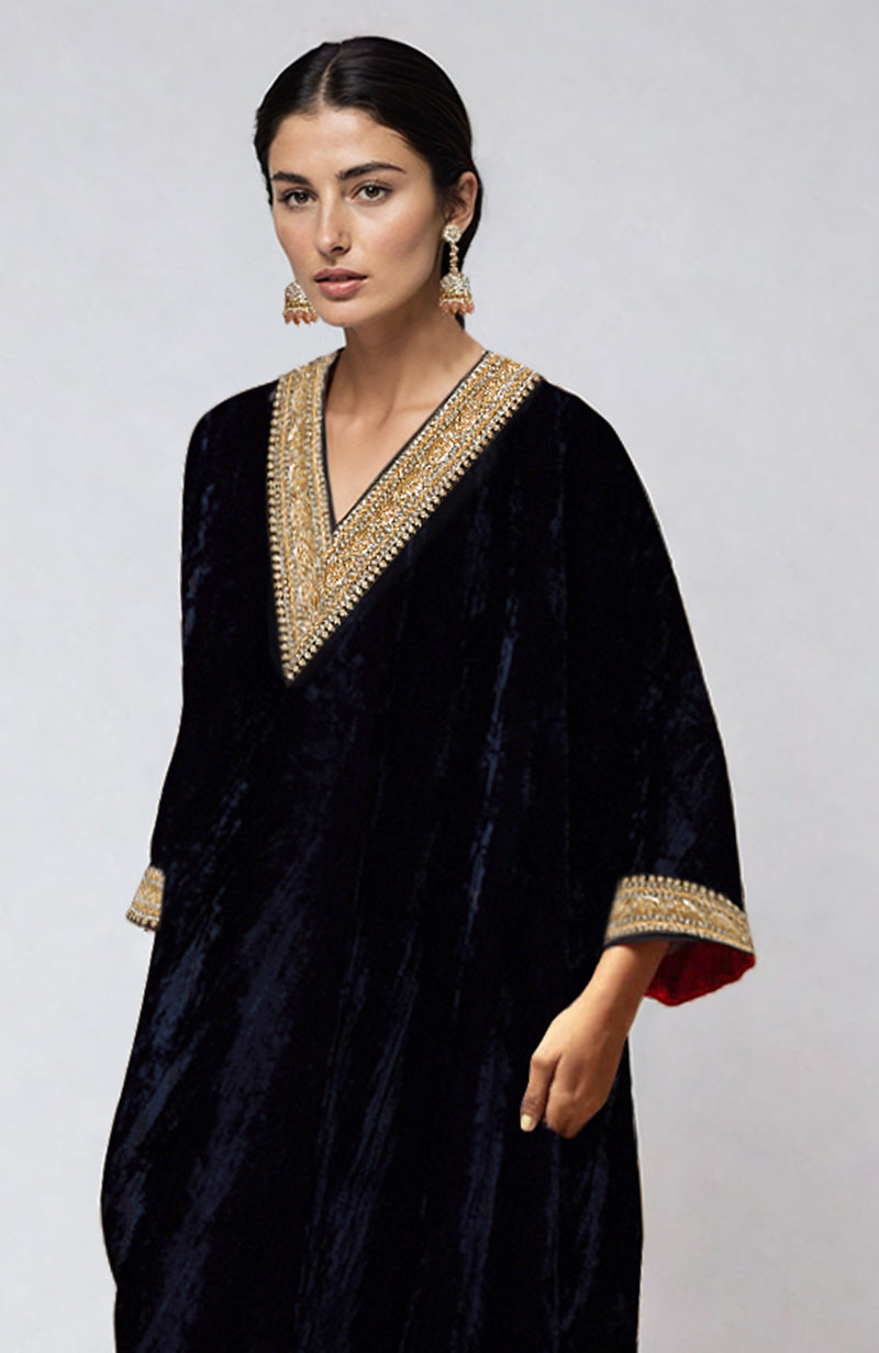 Midnight Blue Beads & Zardozi Hand Embroidered Velvet Kalidaar Kurta Set