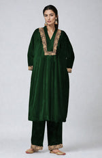 Emerald Green Kashmiri Tilla Dozi Embroidered Velvet Choga Kurta Set