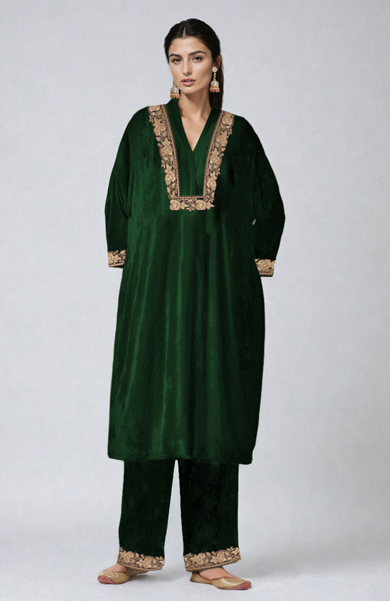 Emerald Green Kashmiri Tilla Dozi Embroidered Velvet Choga Kurta Set