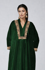 Emerald Green Kashmiri Tilla Dozi Embroidered Velvet Choga Kurta Set