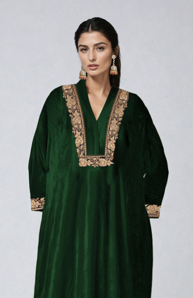Emerald Green Kashmiri Tilla Dozi Embroidered Velvet Choga Kurta Set