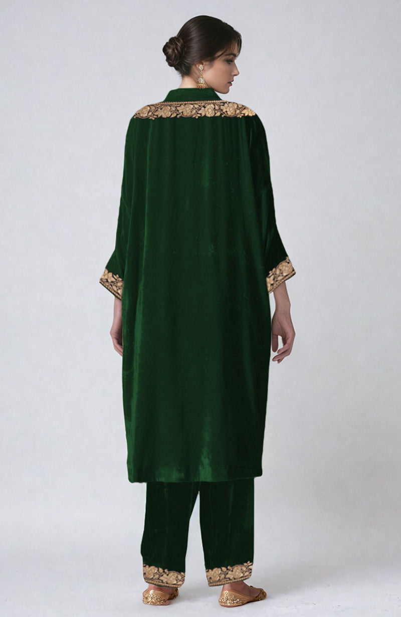Emerald Green Kashmiri Tilla Dozi Embroidered Velvet Choga Kurta Set