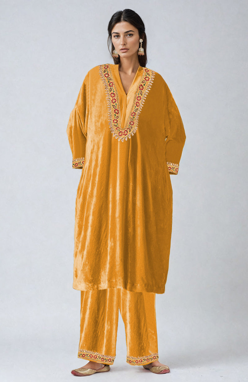 Martini Olive Resham & Zardozi Hand Embroidered Velvet Choga Kurta Set