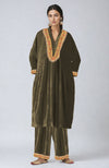 Martini Olive Resham & Zardozi Hand Embroidered Velvet Choga Kurta Set