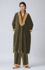 Martini Olive Resham & Zardozi Hand Embroidered Velvet Choga Kurta Set