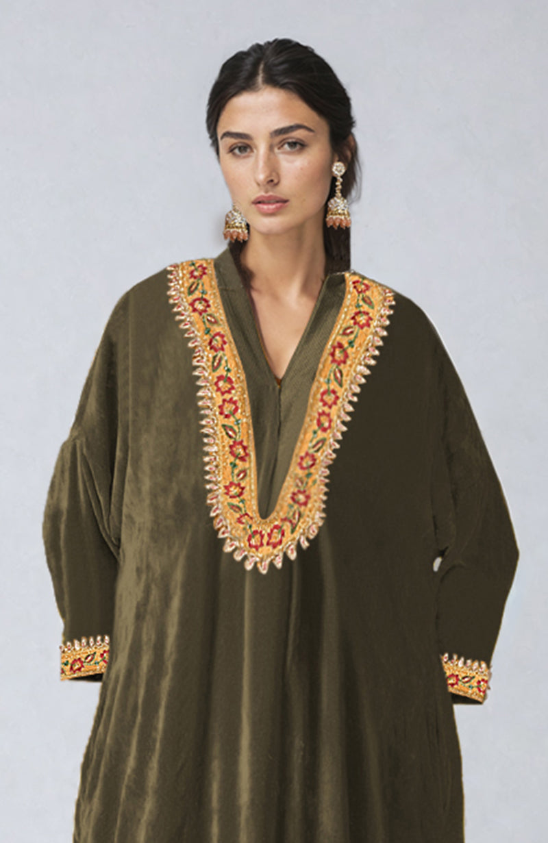 Martini Olive Resham & Zardozi Hand Embroidered Velvet Choga Kurta Set