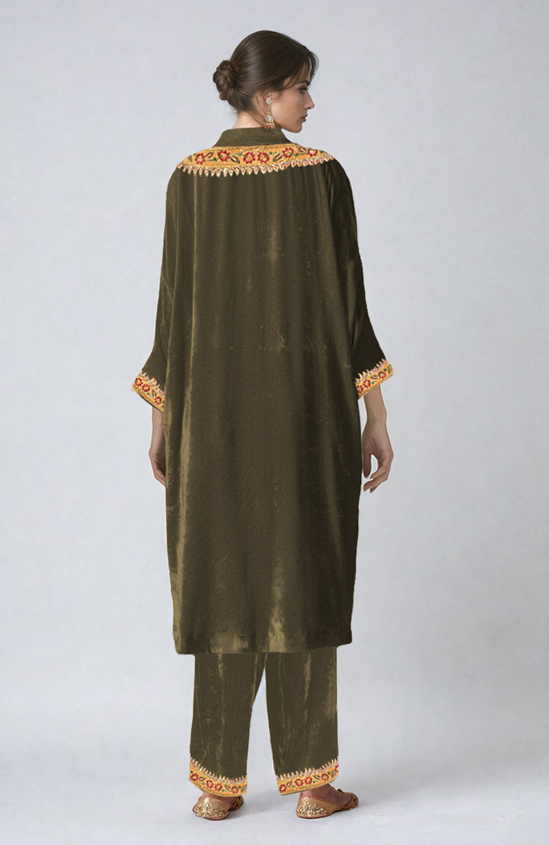 Martini Olive Resham & Zardozi Hand Embroidered Velvet Choga Kurta Set