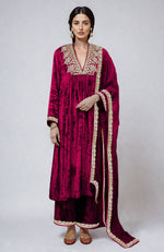 Bright Rose Gold Kashmiri Tilla & Zardozi Hand Embroidered Velvet Kurta  Set