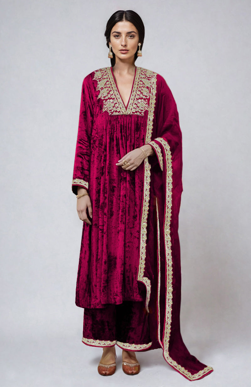 Bright Rose Gold Kashmiri Tilla & Zardozi Hand Embroidered Velvet Kurta  Set