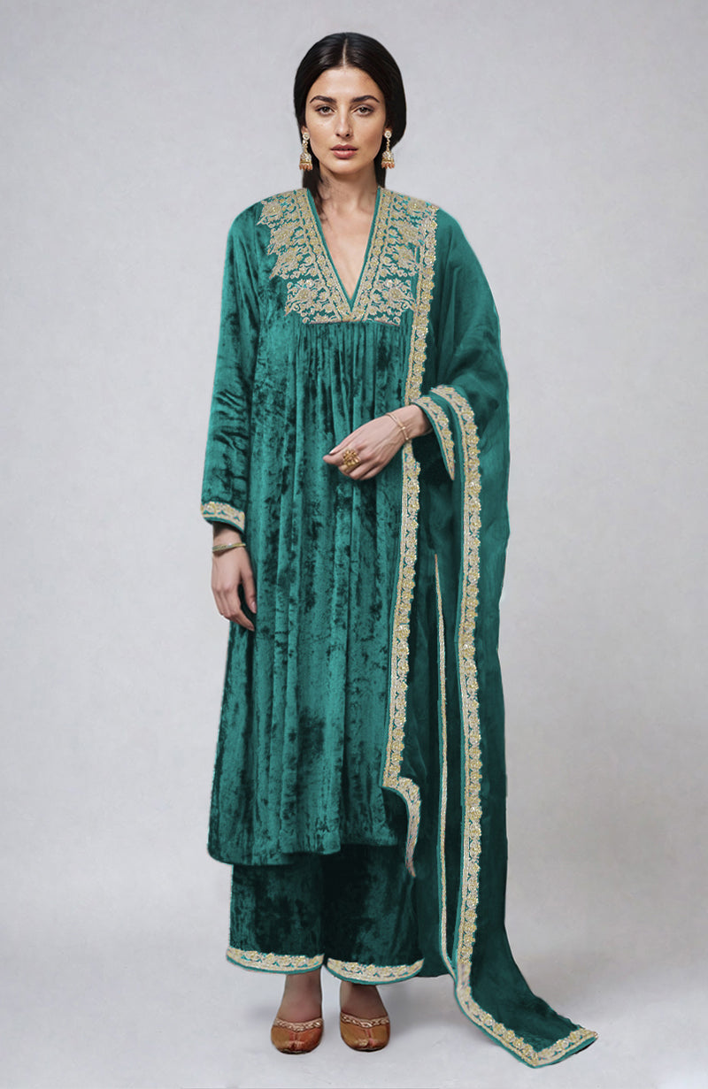 Proud Peacock Gold Kashmiri Tilla & Zardozi Hand Embroidered Velvet Kurta  Set