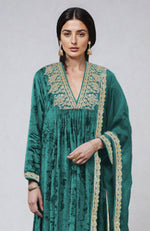 Proud Peacock Gold Kashmiri Tilla & Zardozi Hand Embroidered Velvet Kurta  Set