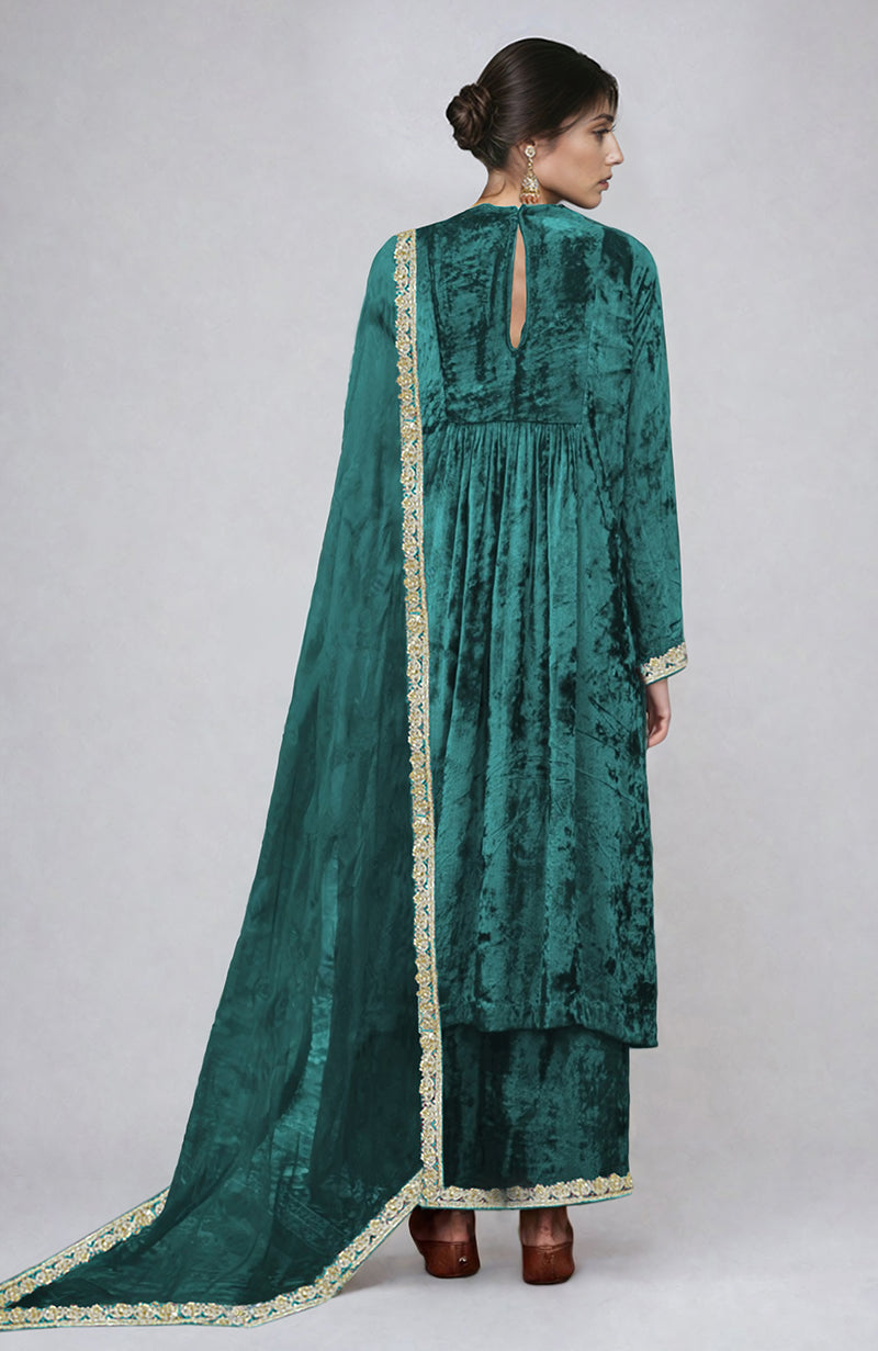 Proud Peacock Gold Kashmiri Tilla & Zardozi Hand Embroidered Velvet Kurta  Set