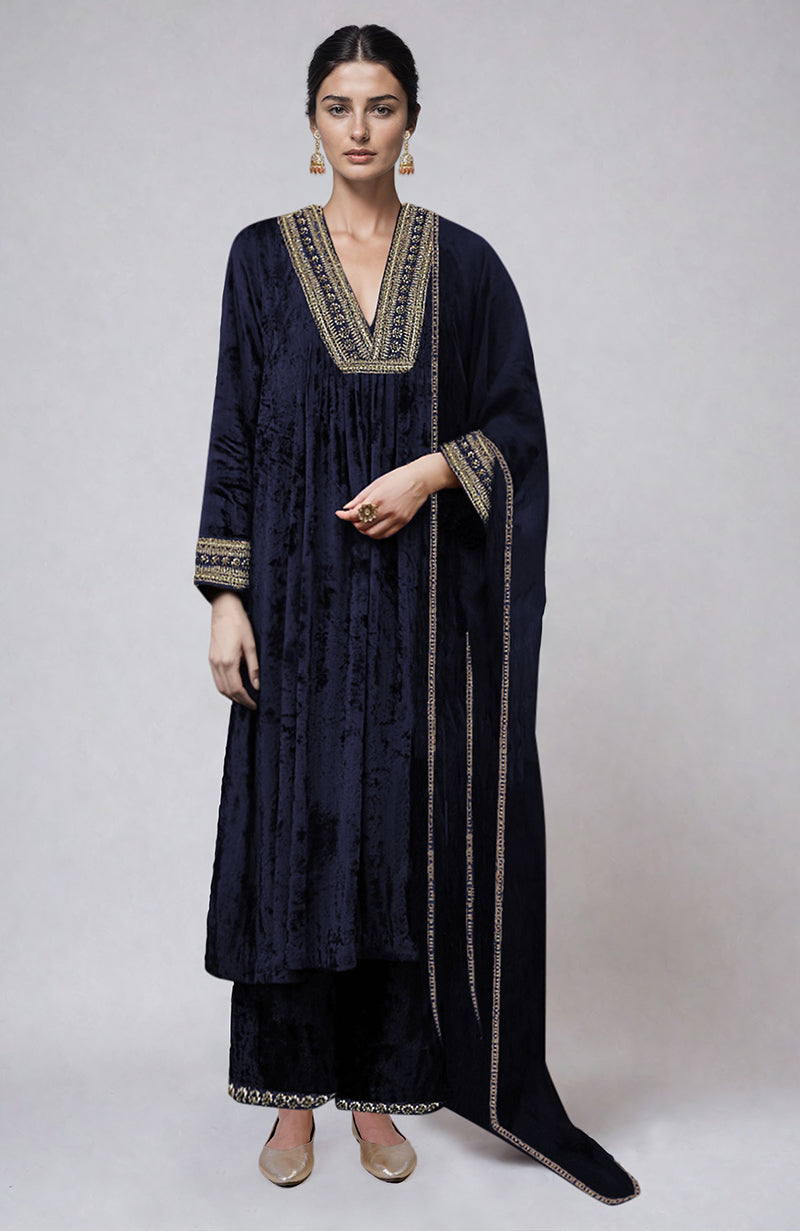 Maroon Gold Zardozi Hand Embroidered Velvet Kurta  Set