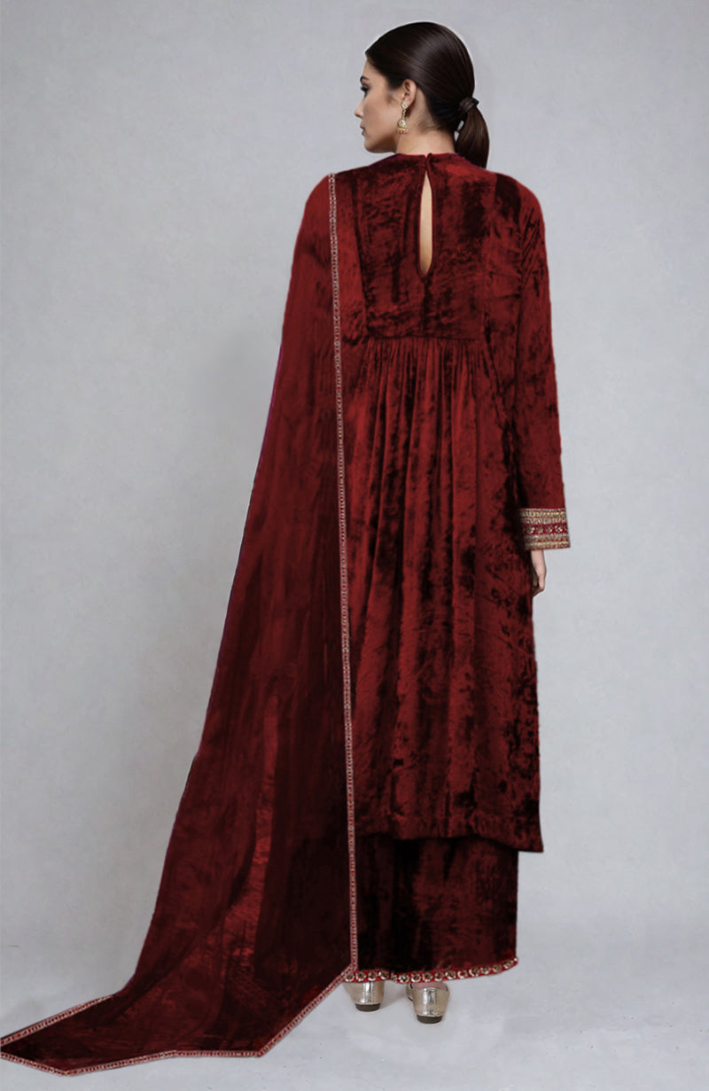 Maroon Gold Zardozi Hand Embroidered Velvet Kurta  Set