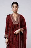 Maroon Gold Zardozi Hand Embroidered Velvet Kurta  Set