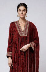 Maroon Gold Zardozi Hand Embroidered Velvet Kurta  Set