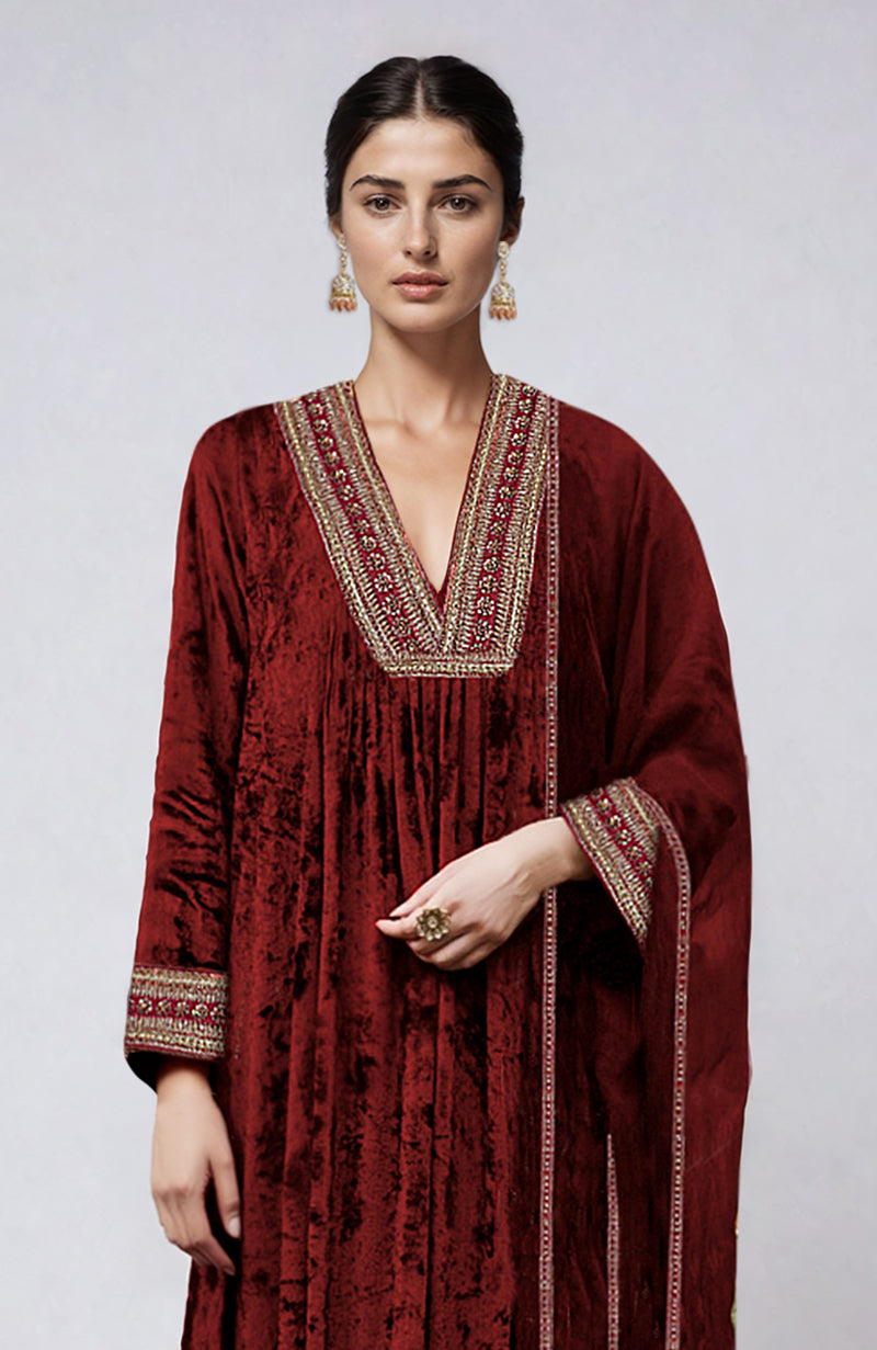 Maroon Gold Zardozi Hand Embroidered Velvet Kurta  Set
