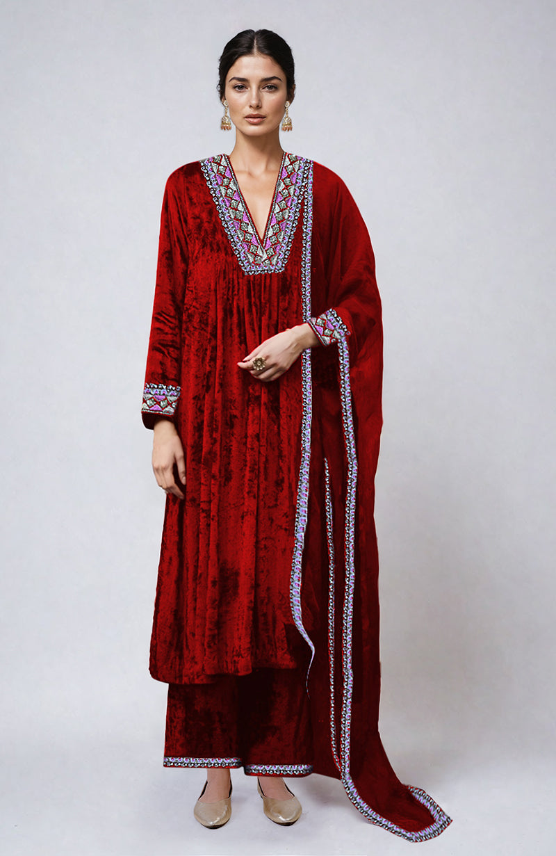 Red  Resham & Zardozi Hand Embroidered Velvet Kurta  Set