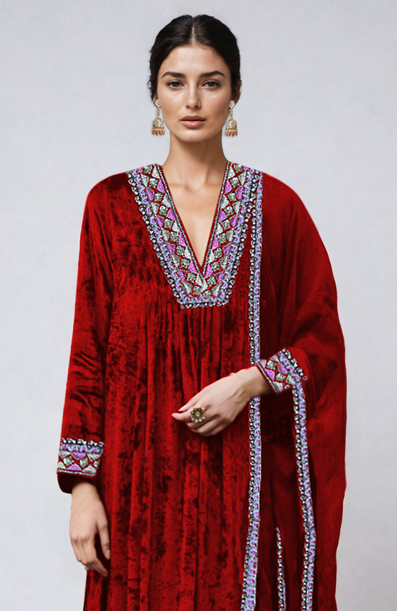 Red  Resham & Zardozi Hand Embroidered Velvet Kurta  Set