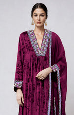 Bright Rose Resham & Zardozi Hand Embroidered Velvet Kurta  Set
