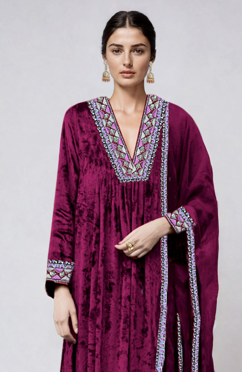 Bright Rose Resham & Zardozi Hand Embroidered Velvet Kurta  Set