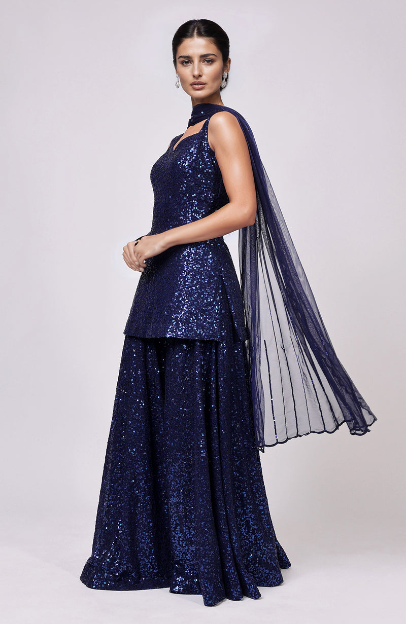 Sapphire Blue Sequin Embroidered Sharara Set