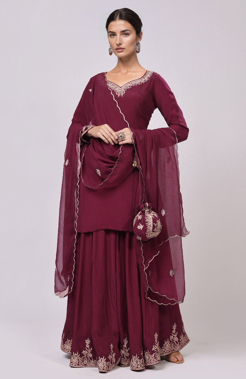 Burgundy Kashmiri Tilla Aari Embroidered Sharara Set