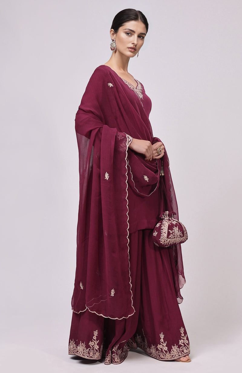 Burgundy Kashmiri Tilla Aari Embroidered Sharara Set