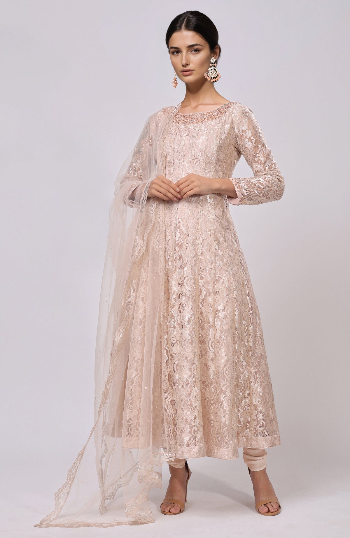 lace anarkali dress Sage Green Pure Silk Anarkali Suit with White Lace Detailing L-40