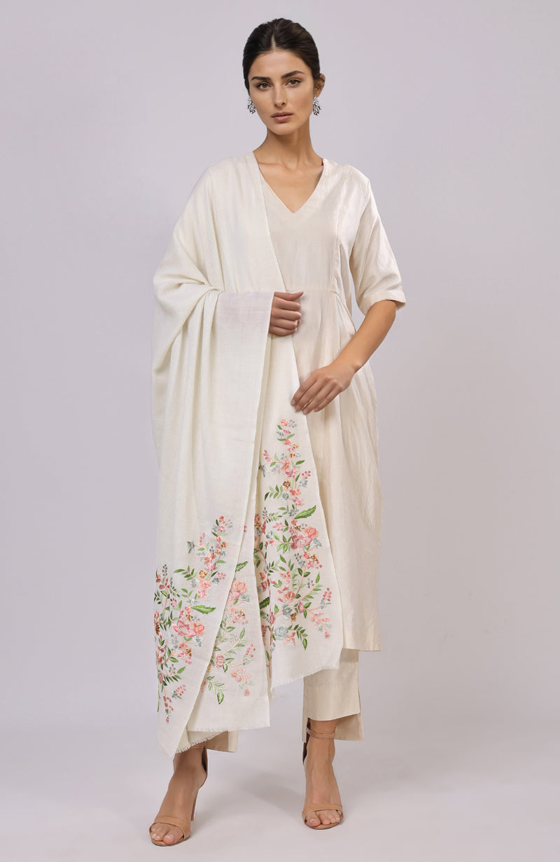 Ivory Parsi Gara Embroidered Shawl