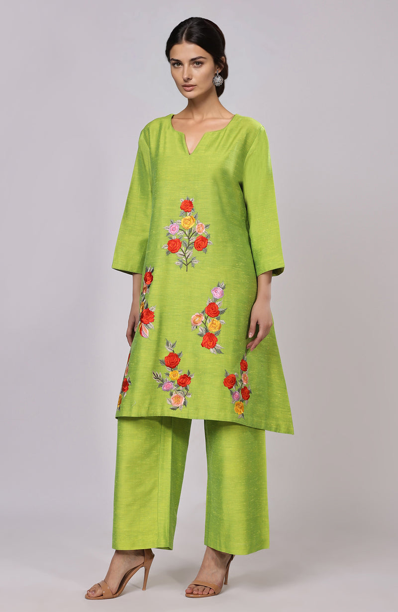 Citrus Green Parsi Gara Embroidered Co-ord
