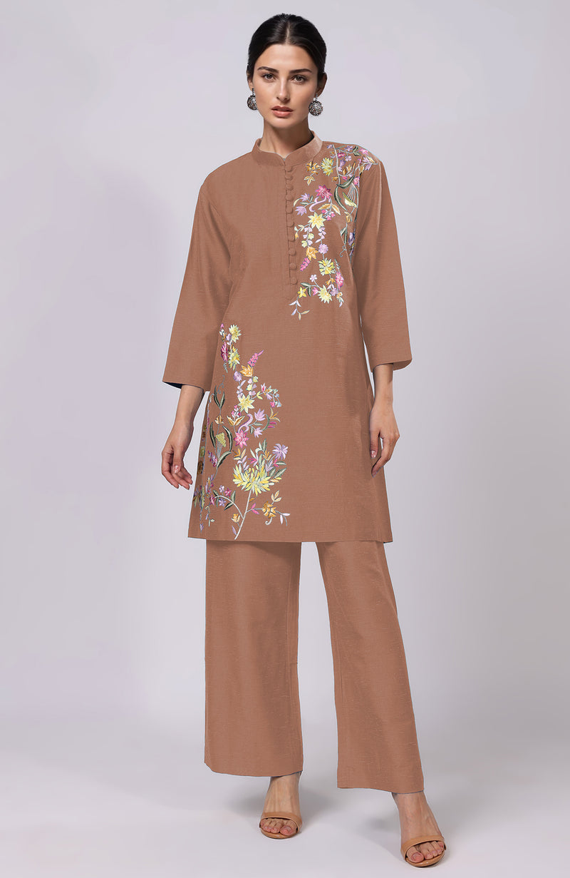 Mocha Mousse Parsi Gara Embroidered Co-Ord Set