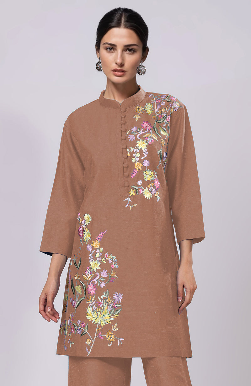 Mocha Mousse Parsi Gara Embroidered Co-Ord Set