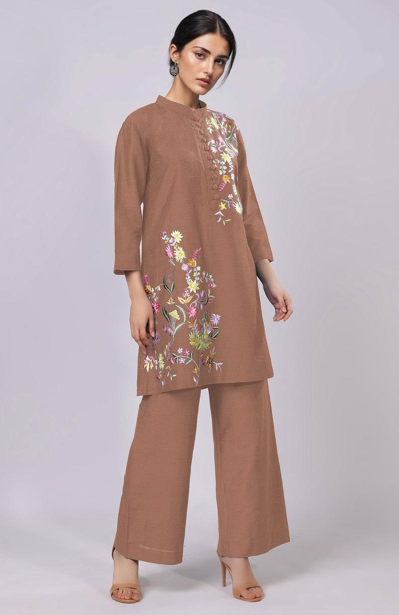 Mocha Mousse Parsi Gara Embroidered Co-Ord Set