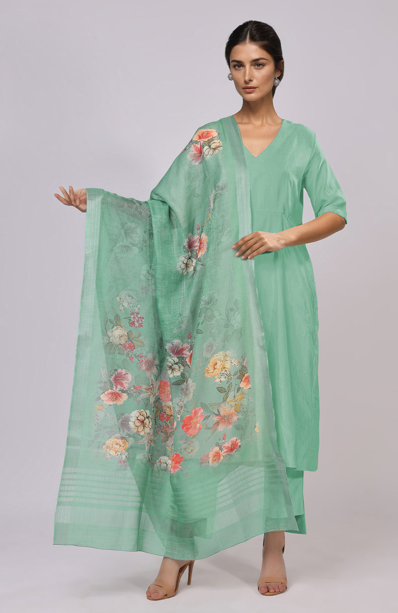 Dusty Jade Green Floral Linen Dupatta with Suit