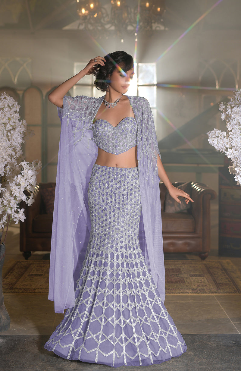 NAIRA Pink Crystal Hand Embroidered Mermaid Lehenga Set with Cape