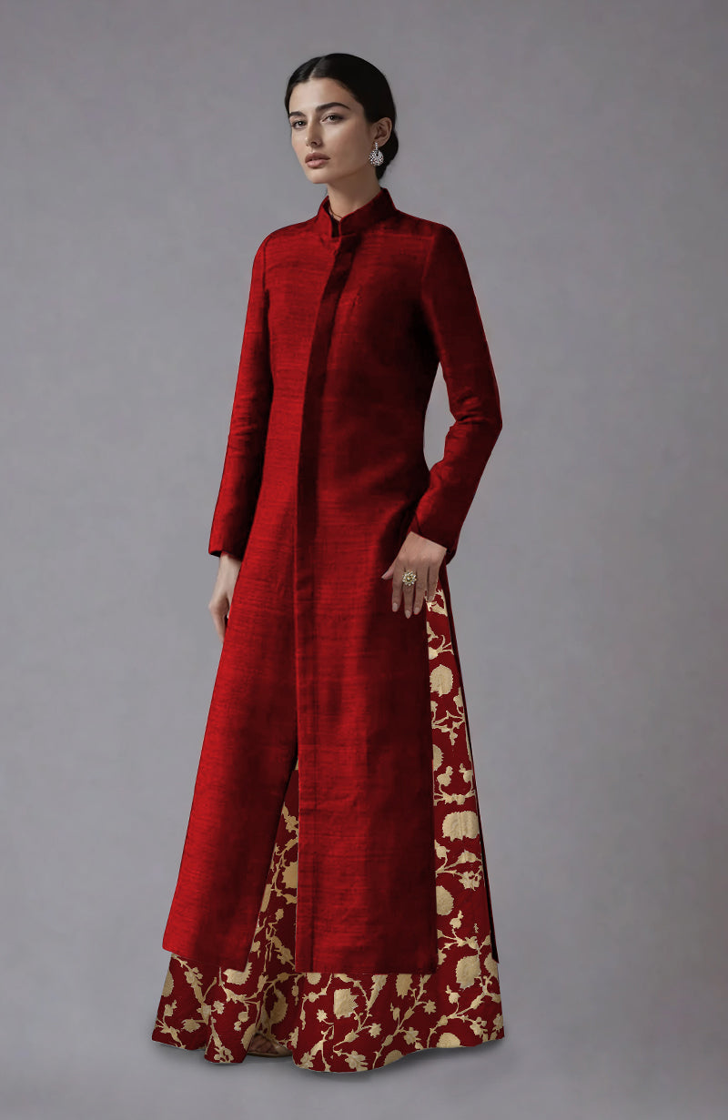 Wine Raw Silk Jacket & Skirt Set