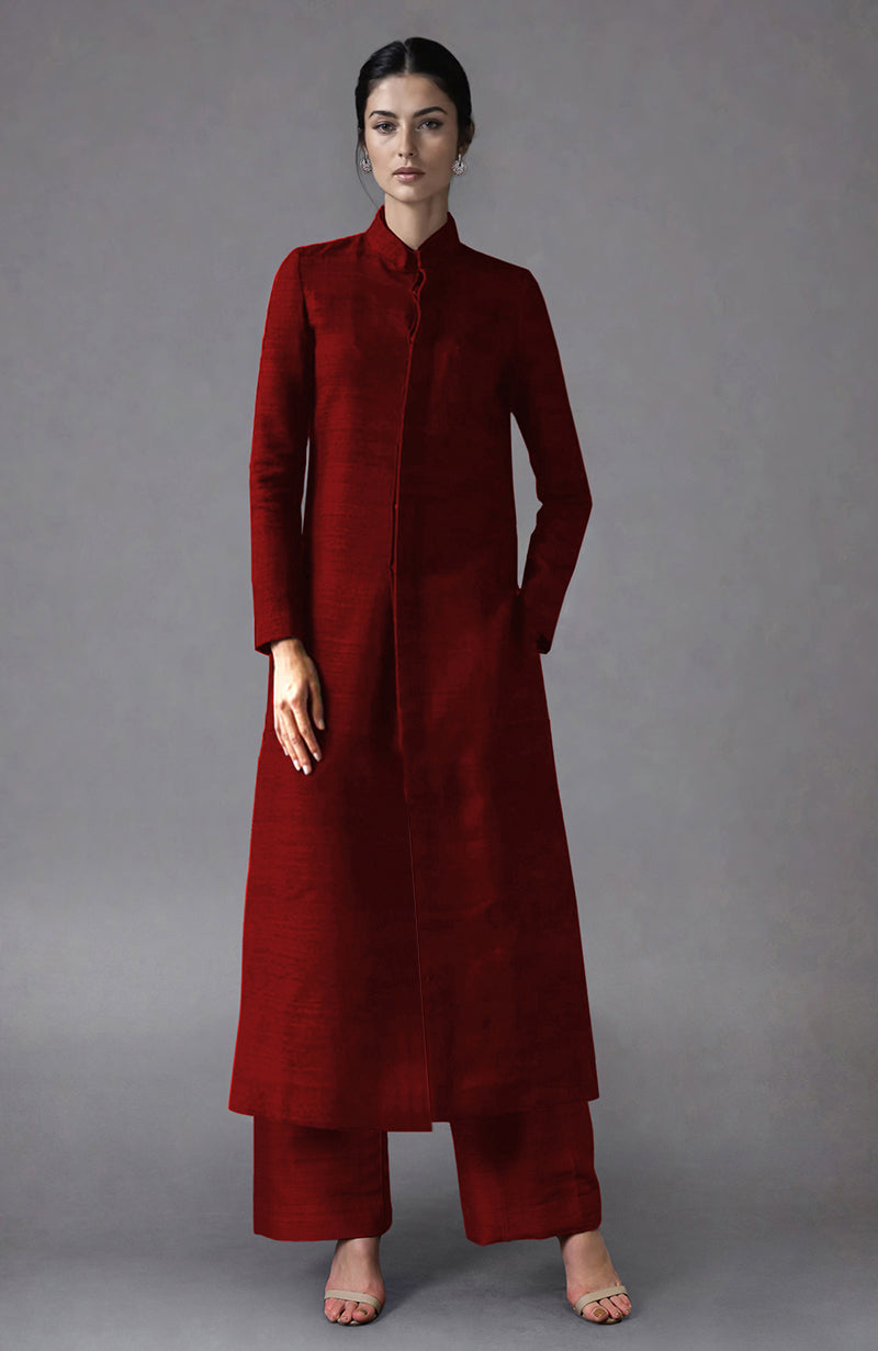 Red Raw Silk Jacket Set