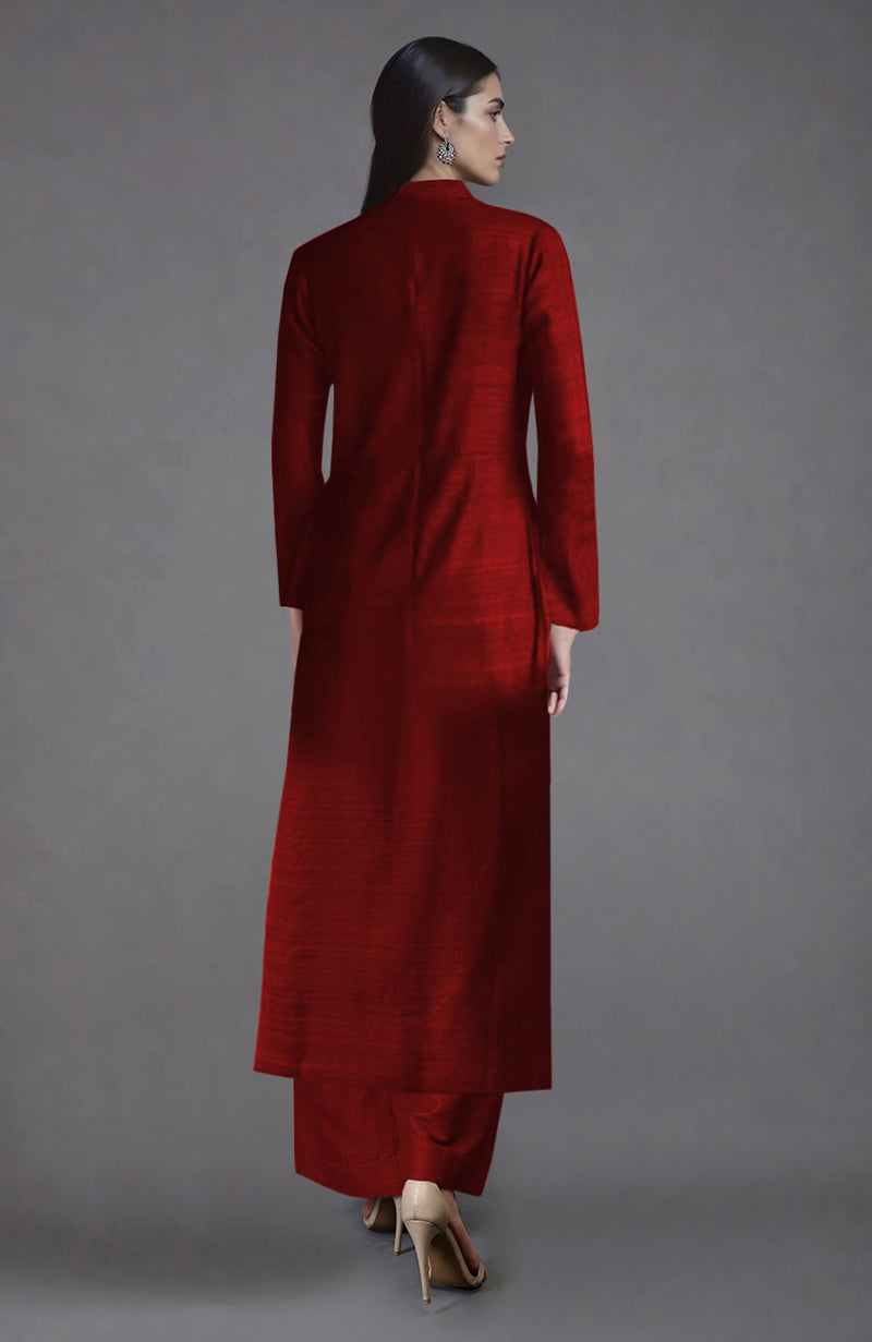 Red Raw Silk Jacket Set
