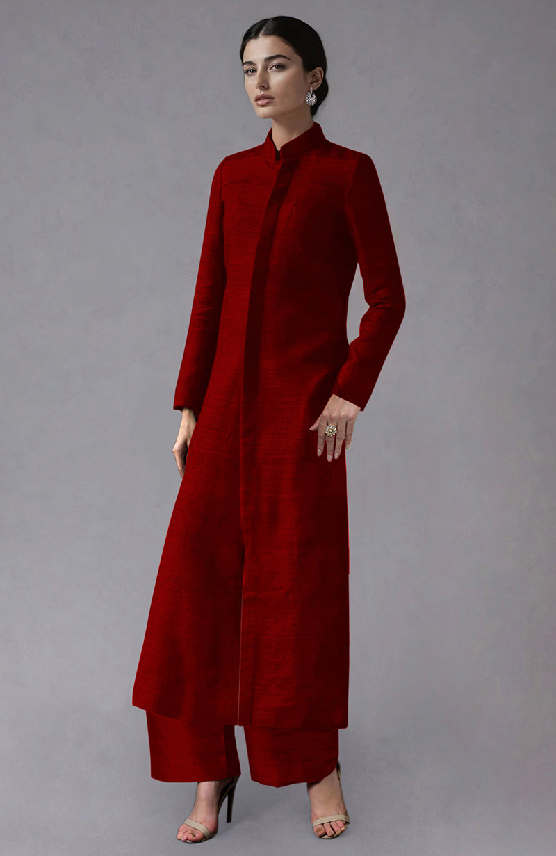 Red Raw Silk Jacket Set