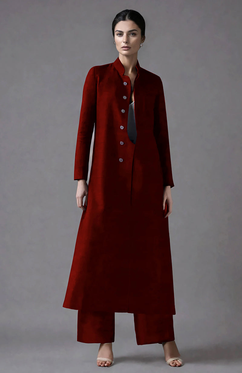 Red Raw Silk Jacket Set