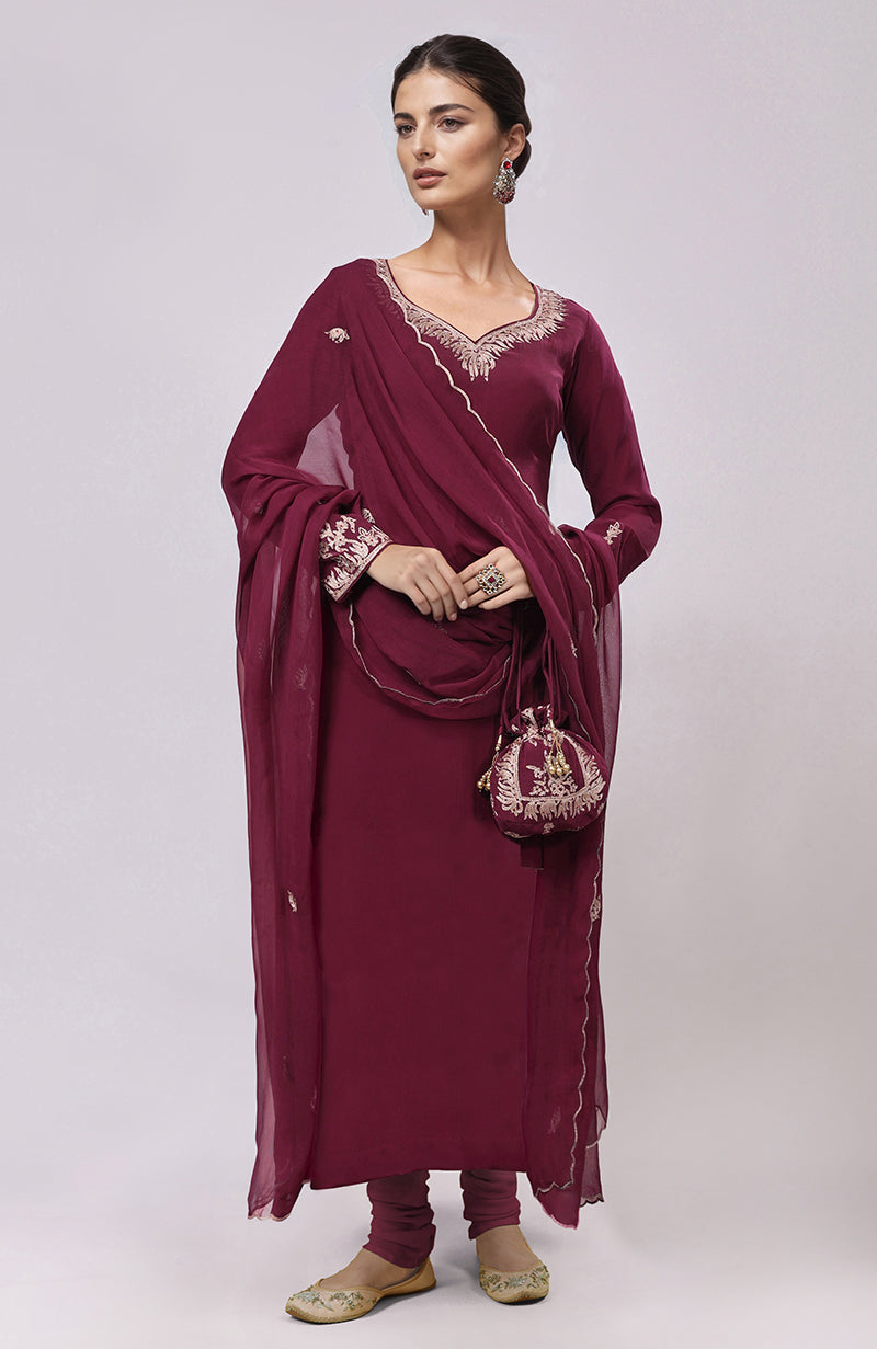 Burgundy Kashmiri Tilla Aari Embroidered Kurta Set