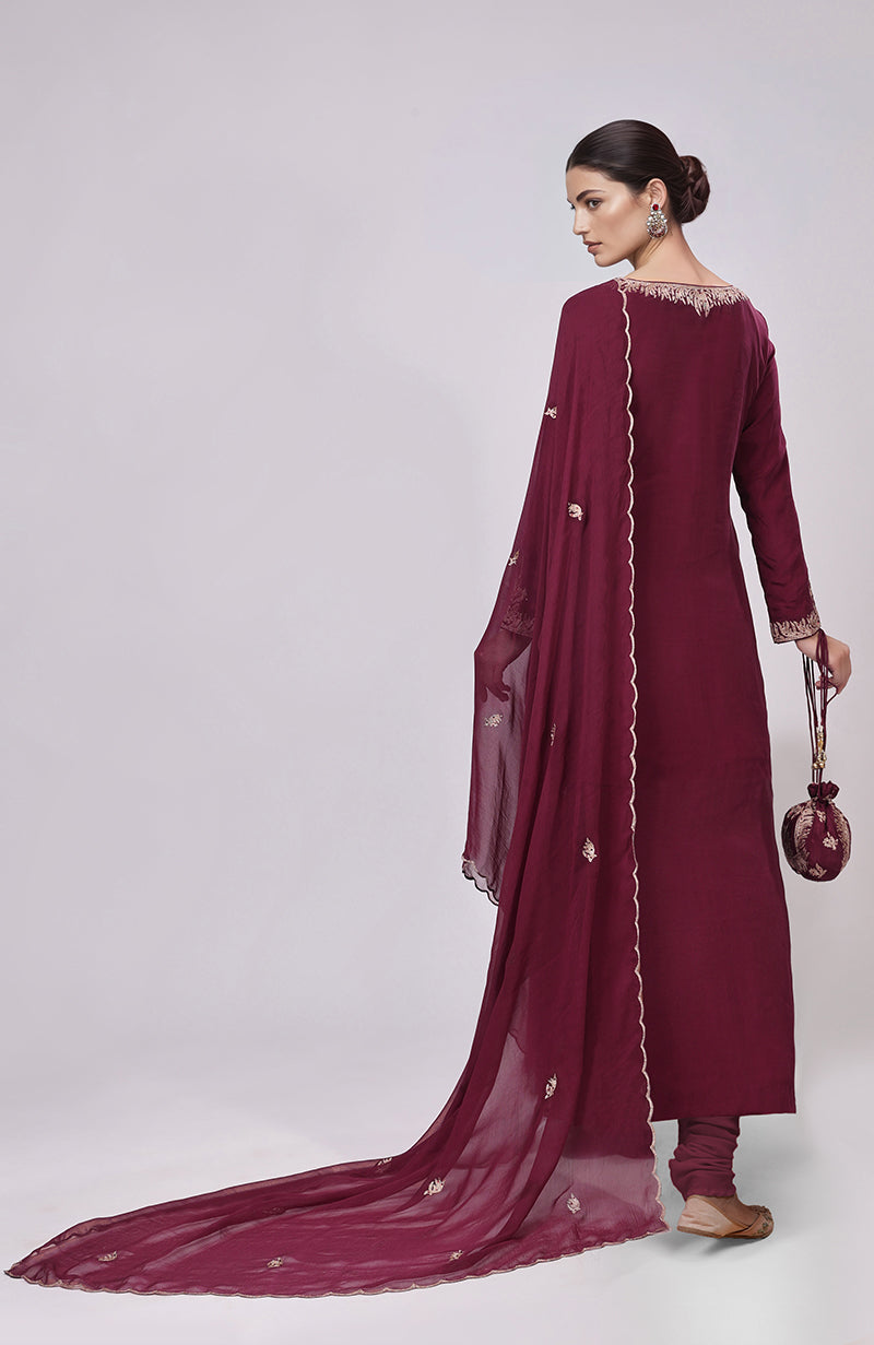 Burgundy Kashmiri Tilla Aari Embroidered Kurta Set