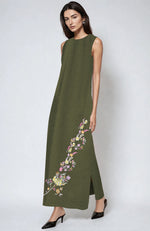 Olive Parsi Gara Embroidered Pure Linen Dress