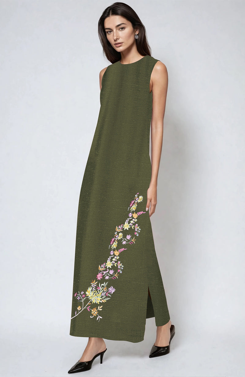 Olive Parsi Gara Embroidered Pure Linen Dress