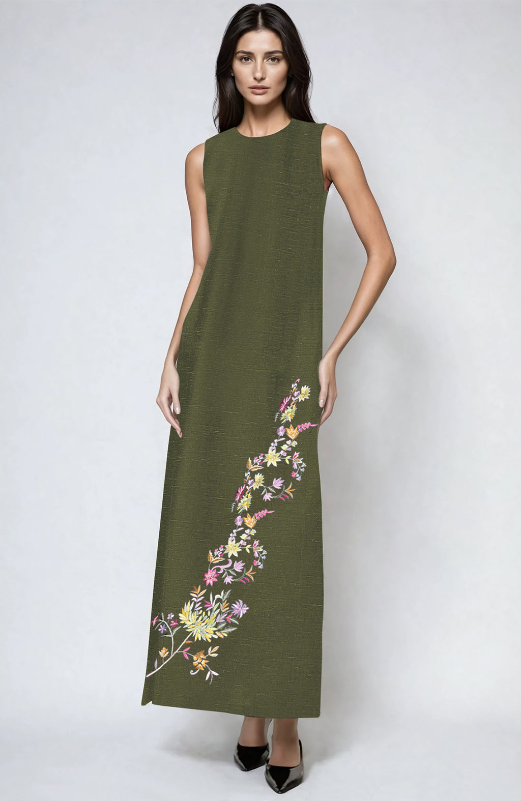 Olive Parsi Gara Linen Dress with Floral Embroidery – Talking Threads